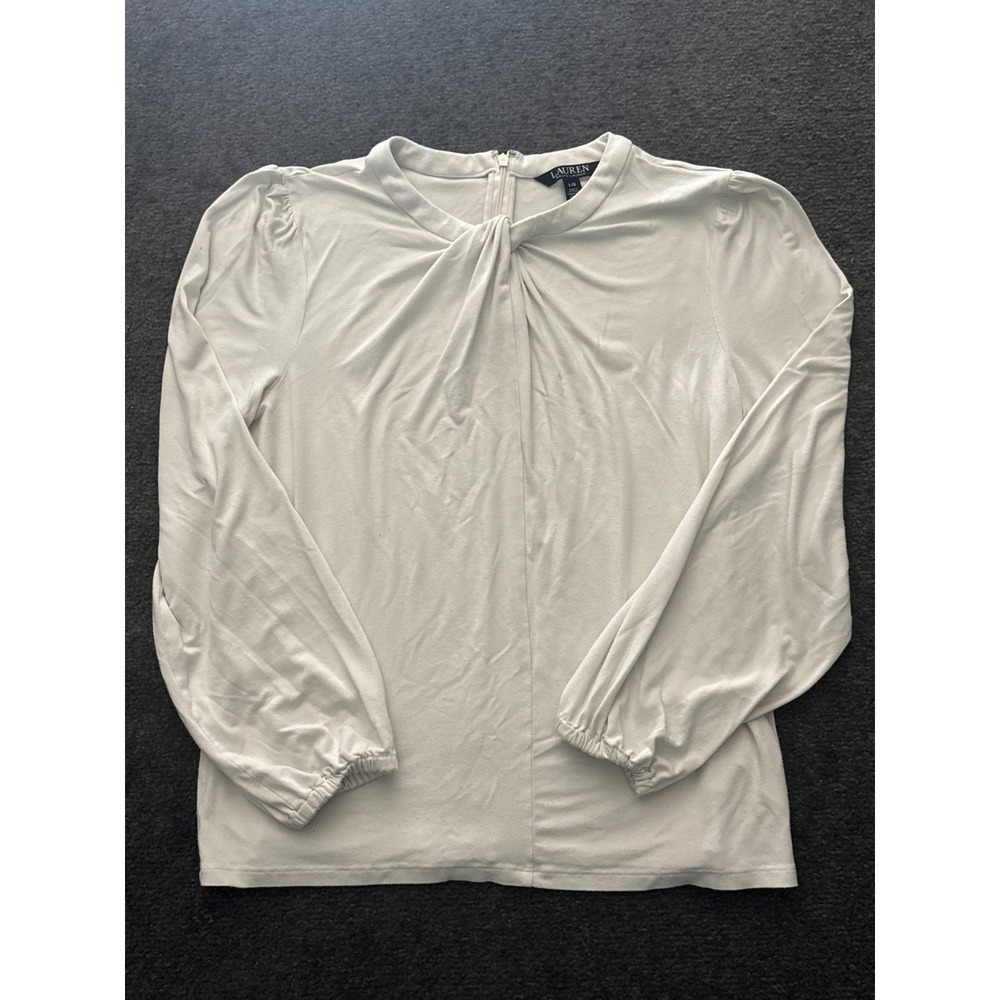 Lauren Ralph Lauren Blouse Top Women Large White Stretch Back Zip Balloon Sleeve